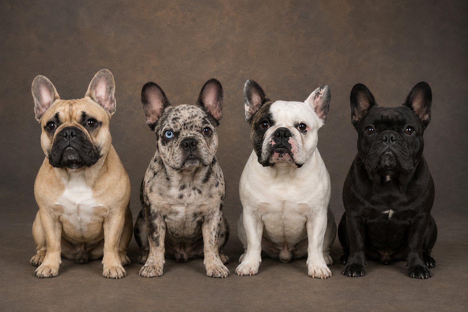 Four French Bulldogs sitting in a row